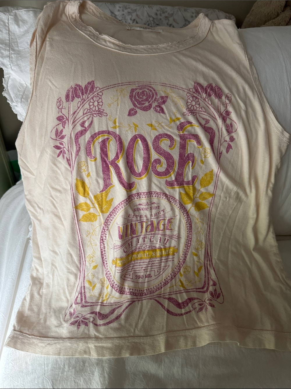 Project Social T Pale Pink Muscle Tee with Rose Graphic and Yellow Accents
